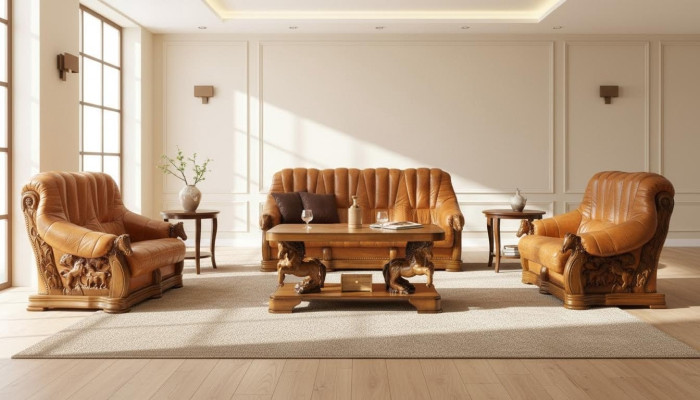 Salon Zestaw sofowy Kanapa Podkładka Siedziba Deko Sofa Skóra Drewno 3+2+1 Zestaw