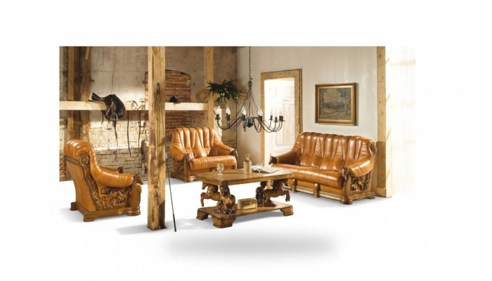 Salon Zestaw sofowy Kanapa Podkładka Siedziba Deko Sofa Skóra Drewno 3+2+1 Zestaw