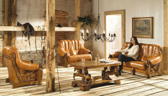 Skórzana sofa w stylu Antyka Zestaw sofowy 3+1 miejsce do siedzenia Włoski Skóra Podkładka