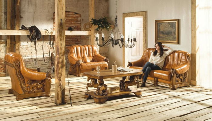 Klasyczny Zestaw sofowy Kanapa Podkładka Siedziba Sofa Skóra Drewno 3+2+2 Zestaw Ustawić