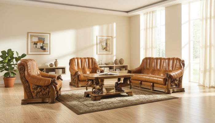 Klasyczny Zestaw sofowy Kanapa Podkładka Siedziba Sofa Skóra Drewno 3+2+2 Zestaw Ustawić