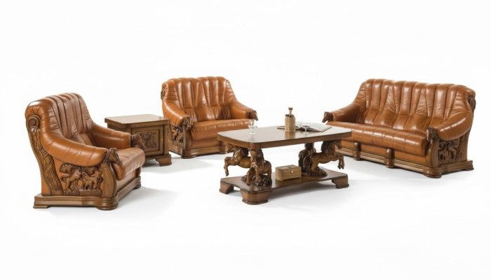 Klasyczny Zestaw sofowy Kanapa Podkładka Siedziba Sofa Skóra Drewno 3+2+2 Zestaw Ustawić