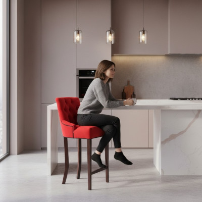 Czerwone stołki barowe Chesterfield Designer Stołek -Zestaw 4 podkładek Zestaw Solidne drewno Krzesła