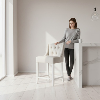 Jasnoszary, designerski stołek barowy Chesterfield, luksusowy, jednoosobowy fotel