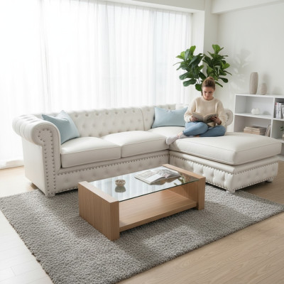 Sofa Aksamit Narożnikowa kanapa Chesterfield Włókienniczy Materiał Narożnik Podkładka Couch Zestaw narożny
