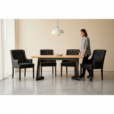 Nowoczesny owalny stół do jadalni Designerski czarny Chesterfield Krzesła 7-częściowy. ustawić
