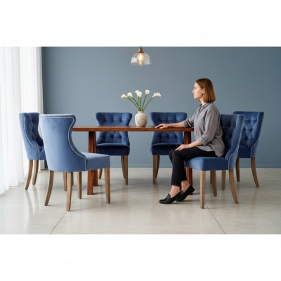 Prostokątny drewniany stół designerski x6 Chesterfield Blue Krzesła 7szt. Grupa jadalna