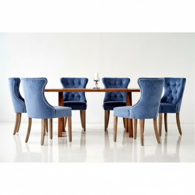 Prostokątny drewniany stół designerski x6 Chesterfield Blue Krzesła 7szt. Grupa jadalna