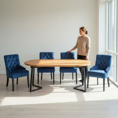 Okrągłe Drewno Stół obiadowy Designer Blue x4 Chesterfield jadalnia Krzesła 5-częściowy zestaw.