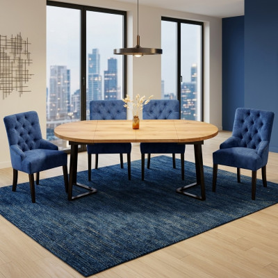 Okrągłe Drewno Stół obiadowy Designer Blue x4 Chesterfield jadalnia Krzesła 5-częściowy zestaw.