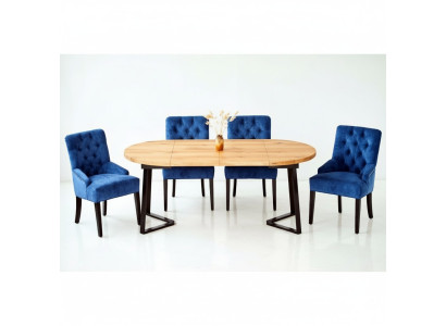 Okrągłe Drewno Stół obiadowy Designer Blue x4 Chesterfield jadalnia Krzesła 5-częściowy zestaw.