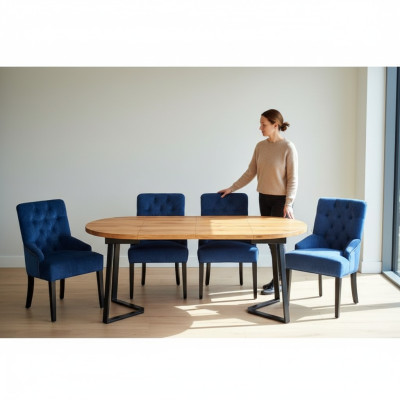 Brązowo-niebieska jadalnia Meble designerskie Drewno Stół obiadowy z 6x Podkładką krzesła Chesterfield