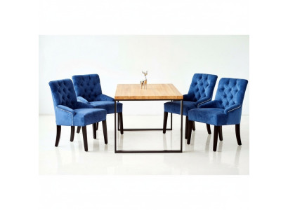 Nowoczesny komplet jadalnia designerski drewniany stół z niebieskimi krzesłami Chesterfield