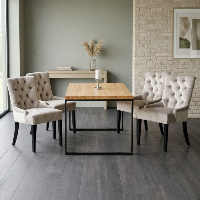 Jadalnia prostokątna brązowa Tabela Modern White x6 Chesterfield Krzesła