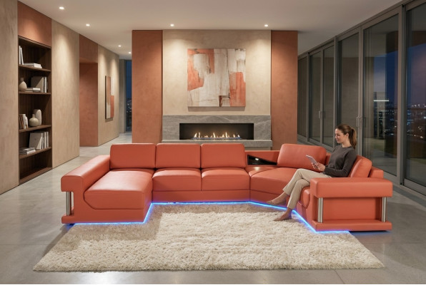 Skórzana sofa Żywy krajobraz Couch Narożnikowa kanapa Narożnik Ustaw Design Nowoczesna Sofa z USB