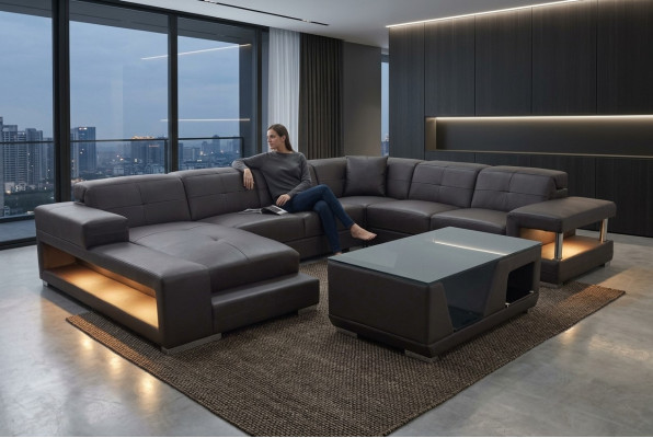 Skórzana sofa Narożnik Żywy krajobraz Ustawić Design Nowoczesna Narożnikowa kanapa Sofa Kształt U z USB