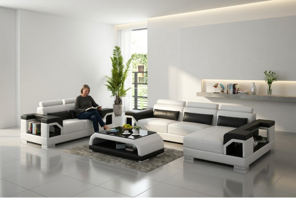 Skórzana sofa z USB Żywy krajobraz Narożnikowa kanapa +Fotel Narożnik Ustawić Design Modern Sofa