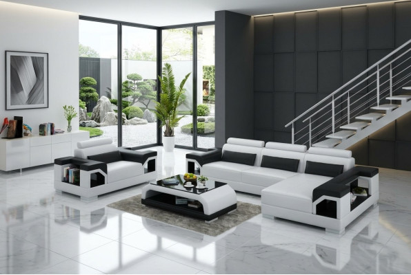 Skórzana sofa z USB Żywy krajobraz Narożnikowa kanapa +Fotel Narożnik Ustawić Design Modern Sofa