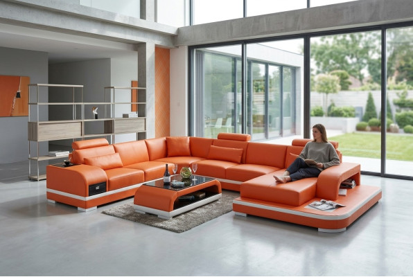 Sofa skórzana kanapa Żywy krajobraz Narożnikowa kanapa Narożnik Ustaw Design Nowoczesna Sofa +USB Nowość