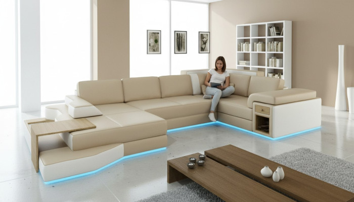 XXL Design Narożnikowa kanapa Duża Sofa z USB Couch Wohlandschaft U Form Skóra Włókienniczy Narożnik