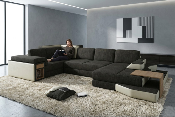 XXL Design Duża Sofa z USB, Narożnikowa kanapa Kanapa Wohlandschaft U Form Skóra Włókienniczy Narożnik