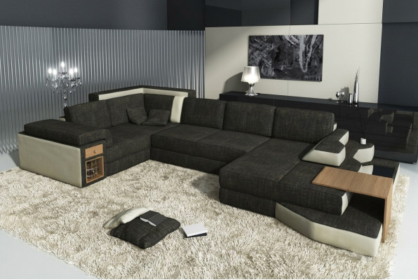 XXL Design Duża Sofa z USB, Narożnikowa kanapa Kanapa Wohlandschaft U Form Skóra Włókienniczy Narożnik
