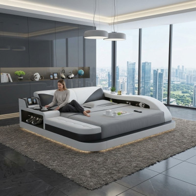 Wielofunkcyjne łóżko Luxury Design Skóra łóżka Double Zgłoszenie Półka 180x200