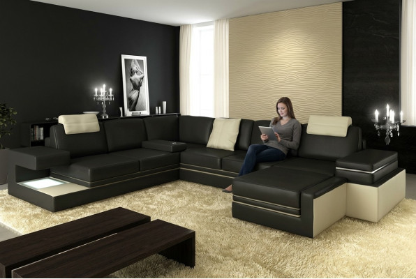 Nowoczesny narożnik Design Sofa Podkładka Narożnik Skóra Włókienniczy Couch LED Żywy krajobraz