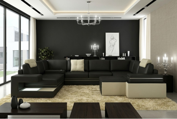 Nowoczesny narożnik Design Sofa Podkładka Narożnik Skóra Włókienniczy Couch LED Żywy krajobraz