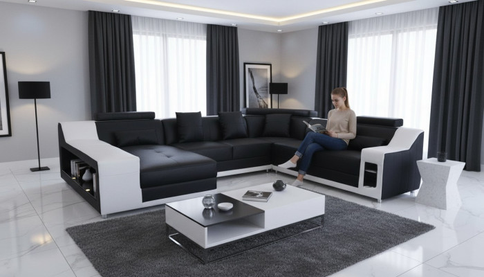 Narożnik do salonu w kształcie litery U Narożnikowa kanapa Skóra Sofa Podkładka Couch +USB