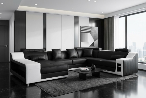 Narożnik do salonu w kształcie litery U Narożnikowa kanapa Skóra Sofa Podkładka Couch +USB