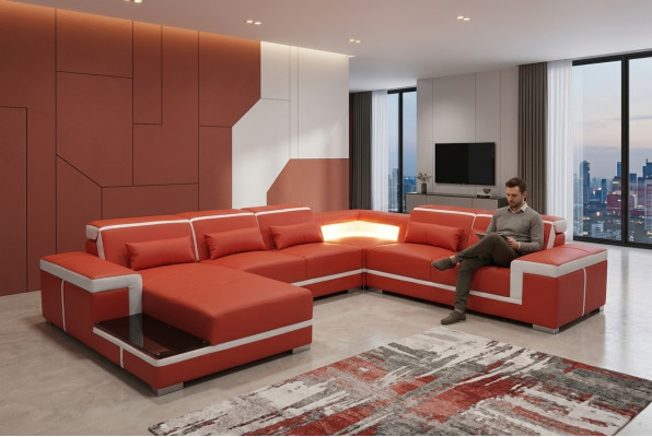 Design Narożnik Sofa + Podkładka USB Narożnik Skóra Siedziba Kanapy Żywy krajobraz XXL Kształt U