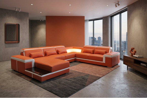 Design Narożnik Sofa + Podkładka USB Narożnik Skóra Siedziba Kanapy Żywy krajobraz XXL Kształt U