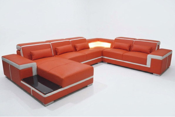 Design Narożnik Sofa + Podkładka USB Narożnik Skóra Siedziba Kanapy Żywy krajobraz XXL Kształt U