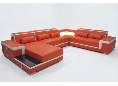 Design Narożnik Sofa + Podkładka USB Narożnik Skóra Siedziba Kanapy Żywy krajobraz XXL Kształt U