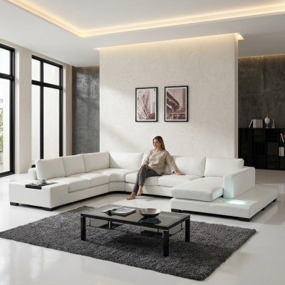 Skórzana sofa kanapa Żywy krajobraz Narożnik kanapa Narożnik Ustaw Design Nowoczesna Sofa z USB