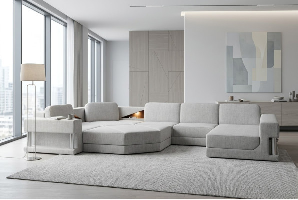 Nowoczesna kanapa Narożnikowa USB LED Podkładka Skóra Design Sofa Ustawić Żywy krajobraz