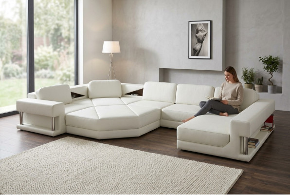 Nowoczesna Narożnikowa kanapa z USB Couch Podkładka Skóra Design Sofa Ustawić Żywy krajobraz