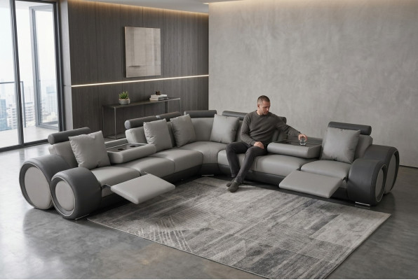 Narożnik Skóra Modern XXL Couch Żywy krajobraz Sofa skórzana Sofa w kształcie litery L + kanapa USB Nowość