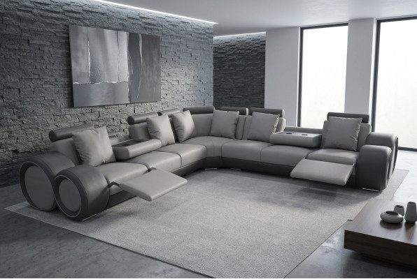 Narożnik Skóra Modern XXL Couch Żywy krajobraz Sofa skórzana Sofa w kształcie litery L + kanapa USB Nowość