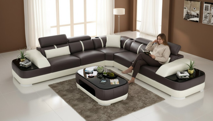 Skórzana sofa Podkładka Siedziba Narożnik Sofa Ustawić Żywy krajobraz Salon Kanapa na USB