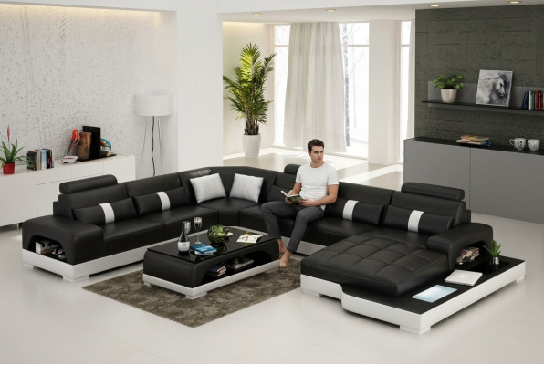 Skóra U Form Żywy krajobraz Couch Duża sofa XXL z USB Podkładka Narożnik Ustawić Narożnik