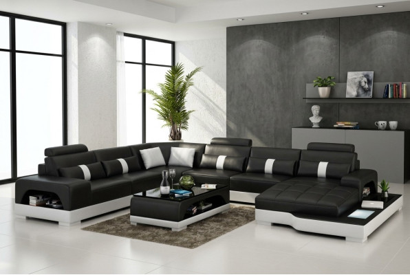 Skóra U Form Żywy krajobraz Couch Duża sofa XXL z USB Podkładka Narożnik Ustawić Narożnik