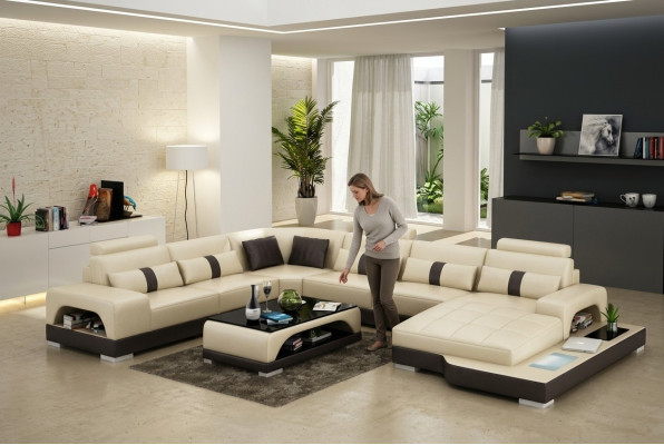 Skóra U Form Żywy krajobraz Kanapa Duża XXL Sofa LED USB Podkładka Narożnik Ustawić Narożnik
