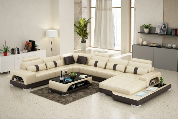 Skóra U Form Żywy krajobraz Kanapa Duża XXL Sofa LED USB Podkładka Narożnik Ustawić Narożnik