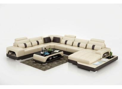 Skóra U Form Żywy krajobraz Kanapa Duża XXL Sofa LED USB Podkładka Narożnik Ustawić Narożnik