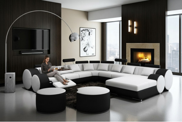 Designerska skórzana sofa + USB Big Żywy krajobraz Sofa Podkładka Ustawić Narożnikowa kanapa