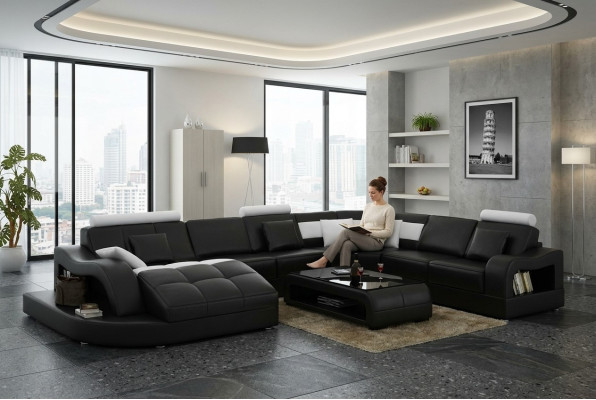Projektant Narożnikowa kanapa z rozkładaną kanapą Żywy krajobraz skórzana sofa w kształcie litery U z USB