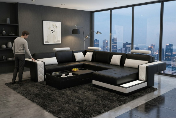 Designerska skórzana sofa Narożnikowa kanapa narożnik Podkładka sofa Narożnik USB + LED Żywy krajobraz