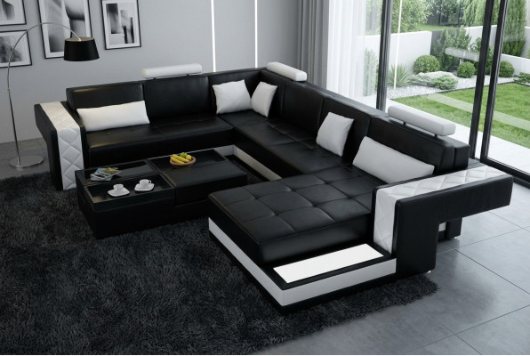 Designerska skórzana sofa Narożnikowa kanapa narożnik Podkładka sofa Narożnik USB + LED Żywy krajobraz